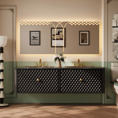 Ensemble de meuble-lavabo double 55,12 po en bois d'hévéa mural avec miroir