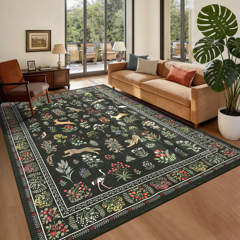 Machine Washable Area Rug for Living Room Vintage Animal Print Rug Floral Non Slip Carpet Foldable ursery Laundry Room Rugs