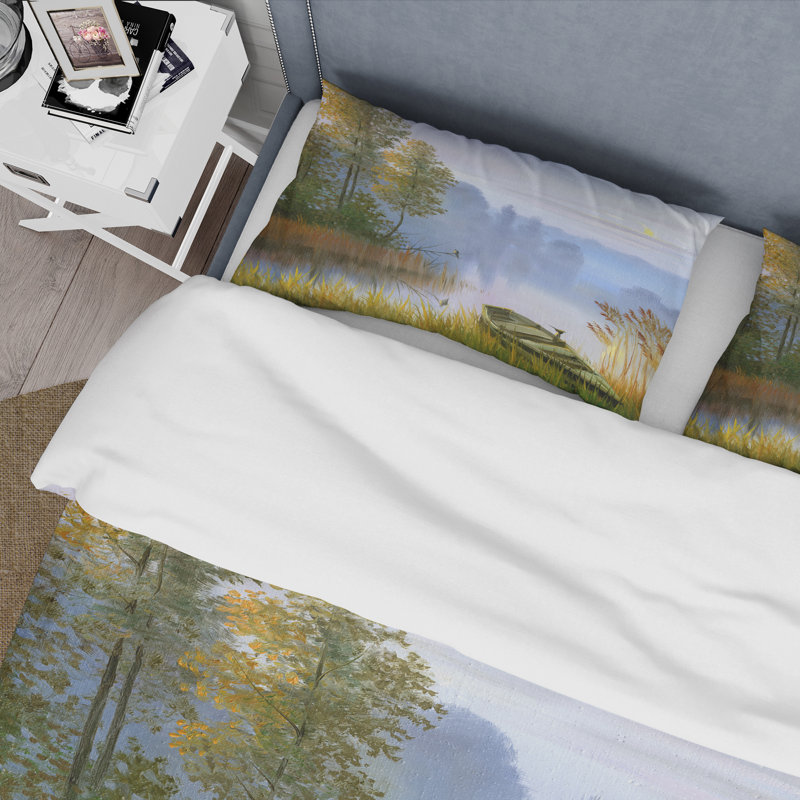 Le bateau sur la berge du lac - Ensemble de housse de couette traditionnel - Microfibre de polyester