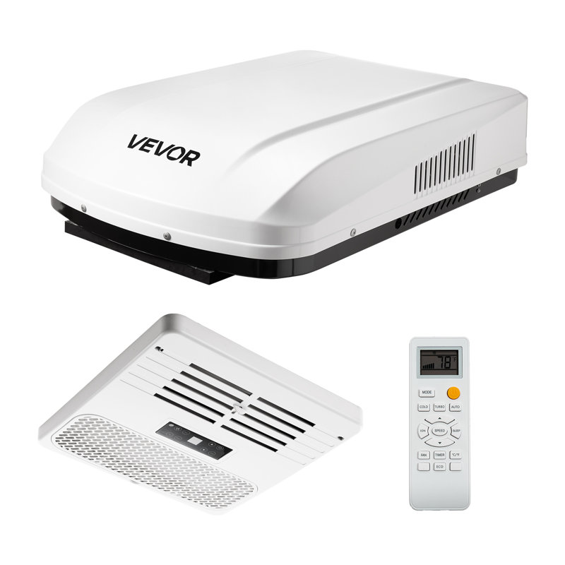 Climatiseur pour véhicule récréatif, unité de climatisation pour véhicule récréatif de 15 000 BTU, climatiseur de toit à conduit 120 V avec pompe à chaleur et refroidissement, unité à courant alternatif silencieux à vitesse variable facile à installer avec bouton ADB et télécommande, blanc