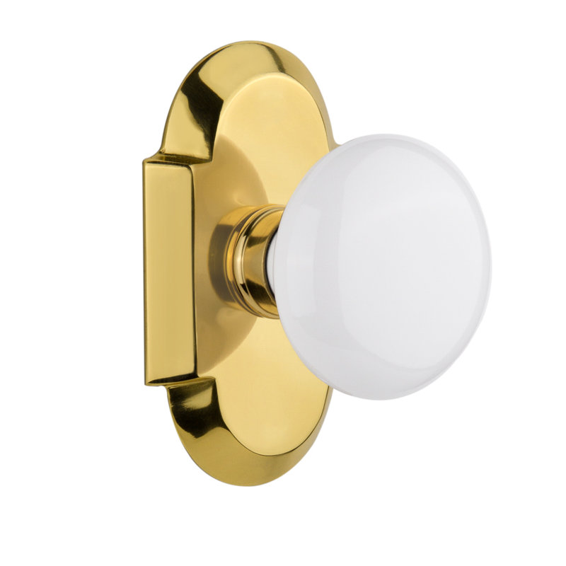 Cottage Plate with White Porcelain Door Knob, Polished Brass, 2-3/4”