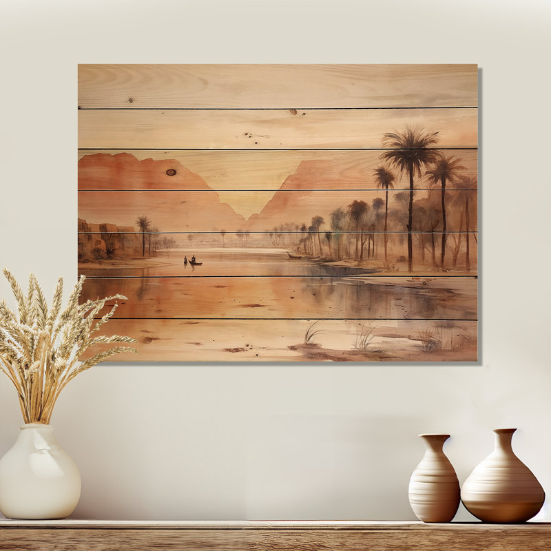 Paysage d'une ancienne rivière égyptienne - Égypte sur bois, H 10 po x l 20 po