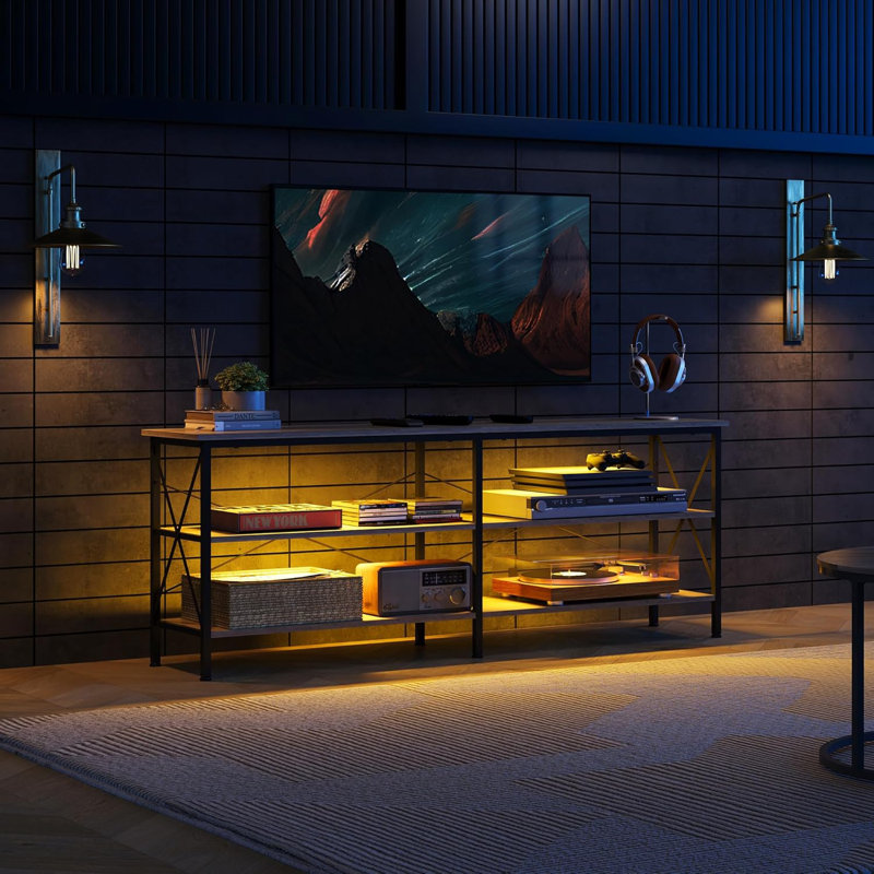 Industrial TV Stand for TVs up to 70 Inches, 63" Entertainment Center with LED Lighting, TV Console with 3-Tier Open Storage Shelves