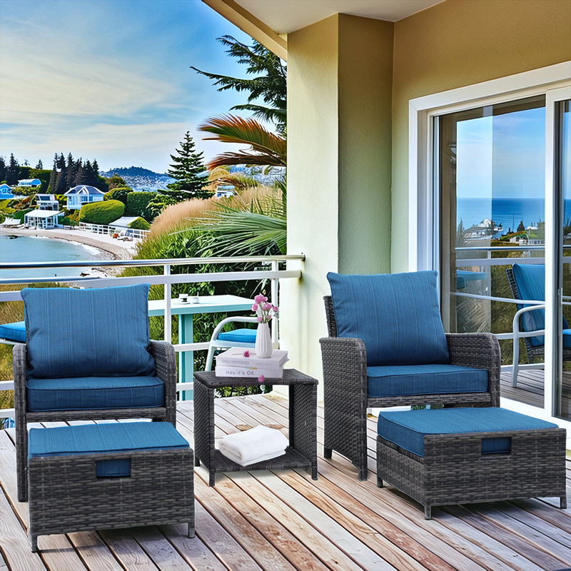 5 Pieces Wicker Patio Furniture Set, Outdoor Furniture With Sturdy Rust-Proof Frame, Comfortable Cushions With High-Density Sponge, Space-Saving Design With Ottoman Storage