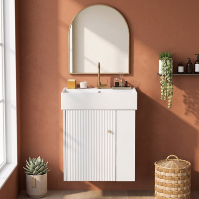 Meuble-lavabo flottant moderne de 21,6 po avec lavabo en céramique et rangement droit, assemblage requis, robinet et drain exclus