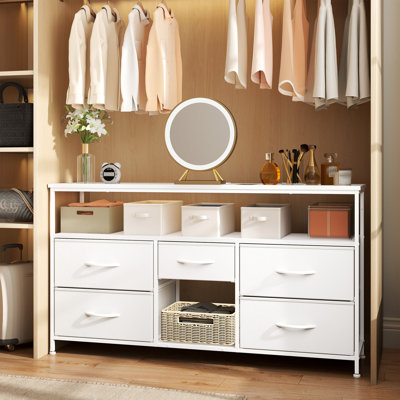 Meuble télé 43,3 po avec prises de courant et lumières DEL - 5 tiroirs de rangement en tissu pour chambres