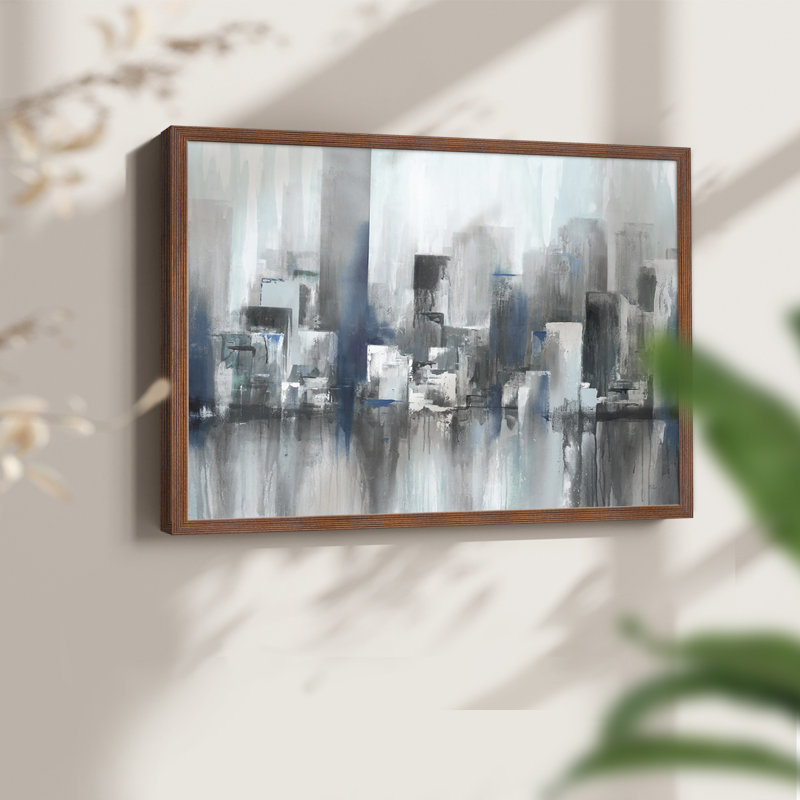 Cityscape in Blues -Framed Print - Restickable, H 22 po x l 28 po, Noyer