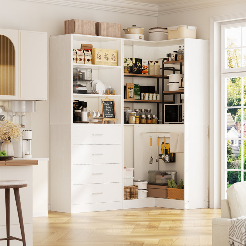 Armoire de rangement d'angle pour garde-manger de coin avec 4 tiroirs, tablettes ouvertes et tringles de suspension, système d'organisation de nourriture modulaire 2 pièces