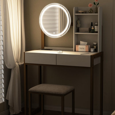 Coiffeuse de chambre avec 3 modes d'éclairage, prise électrique intégrée, tablettes de rangement et tabouret, table blanche et dorée avec prise électrique, tiroir confortable