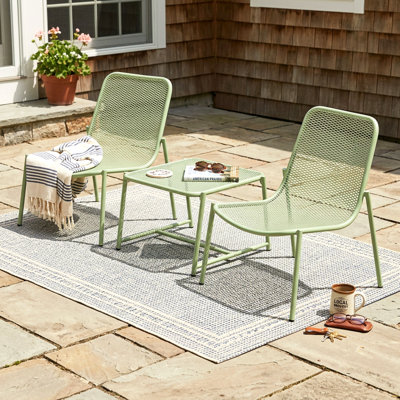 Ensemble de conversation d'extérieur 3 pièces avec cadre en fer - 2 chaises en filet et 1 table d'appoint, finition vert mat