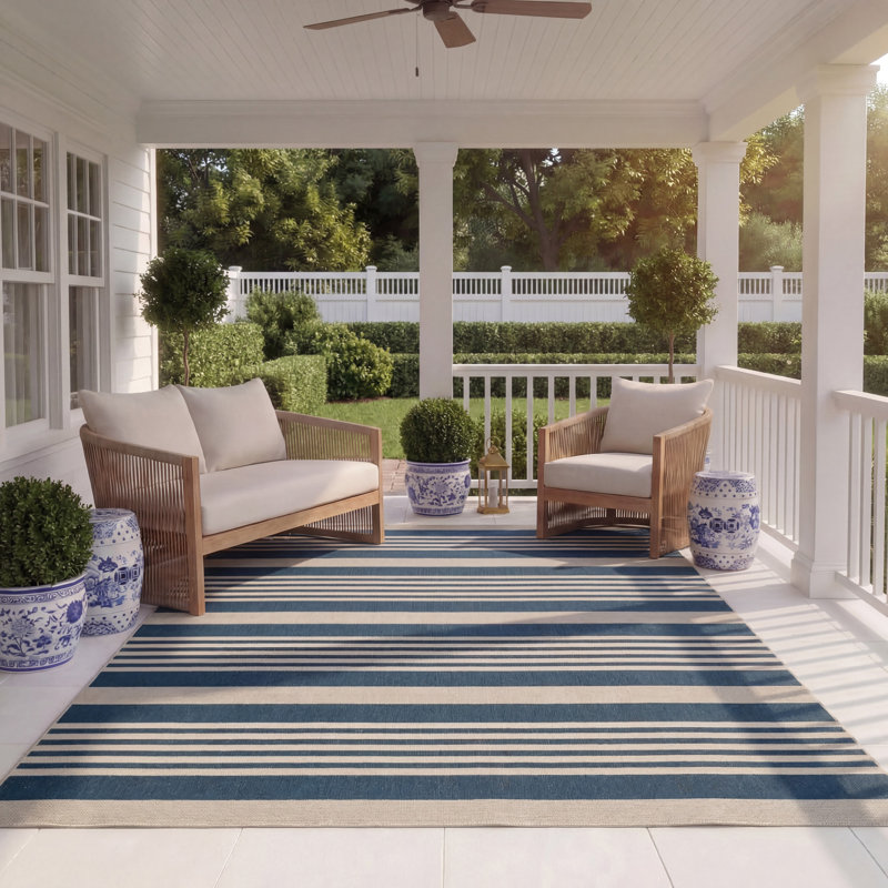 Tapis intérieur / extérieur rayé bleu marine / beige Arneshia, Rectangulaire 8 pi x 11 pi