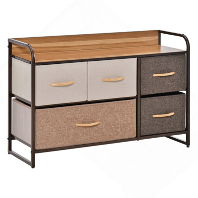 5-Drawer Fabric Storage Dresser Tower, 2-Tier Organizer with Steel Frame and Wooden Top for Bedroom & Entryway