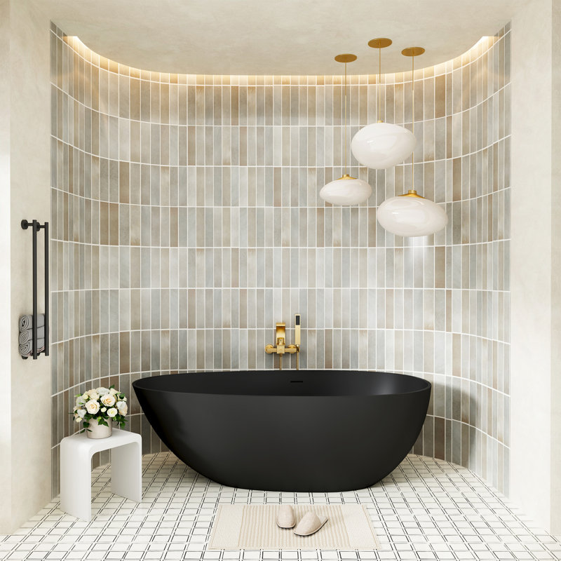 Egg Harbour 59" x 30" Freestanding Soaking Bathtub Solid Surface Stone Space-Saving Design Matte Finish (Black/White/Grey)