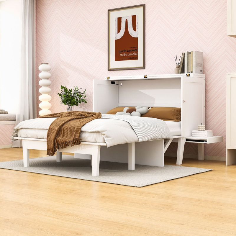Lit escamotable en bois avec port USB et double bureau, Blanc, Grand lit