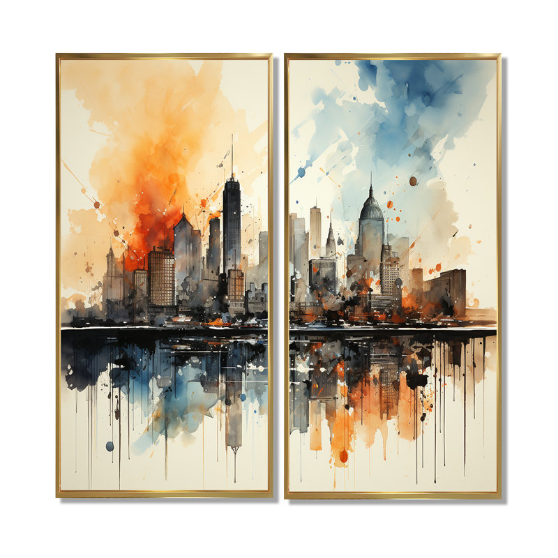 Aquarelle colorée de paysage urbain coloré de New York - grand art de New York, H 20 po x l 24 po, Doré