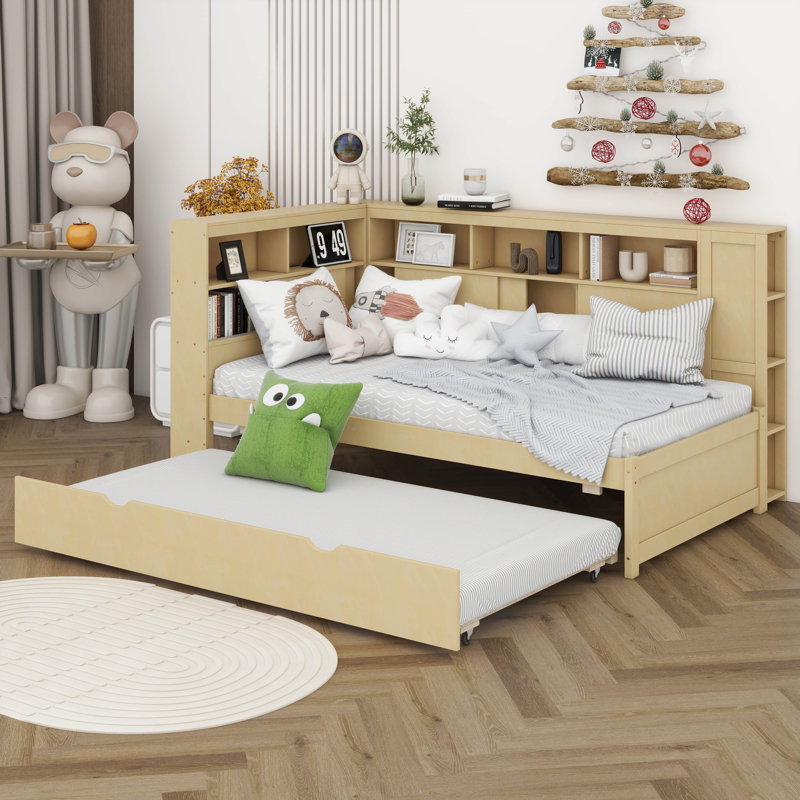 Twin Size Wood Daybed With Storage Shelves, USB And Trundle, Natural