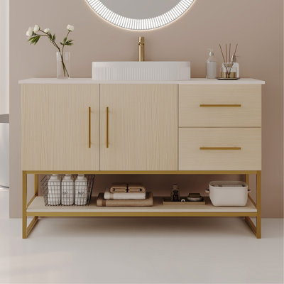 Meuble-lavabo moderne de 36 po avec lavabo vasque en céramique, armoire d'appoint dorée