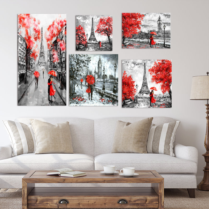 Ensemble de 5 reproductions de toile traditionnel sur toile en rouge paris london collection