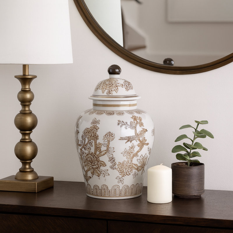 Decorative Chinoiserie Temple Jar For Home Decor - Modern Tall Table Jar For Dining Room Decor - Versatile Jar Or Vase For Living Room - 12", White & Brown