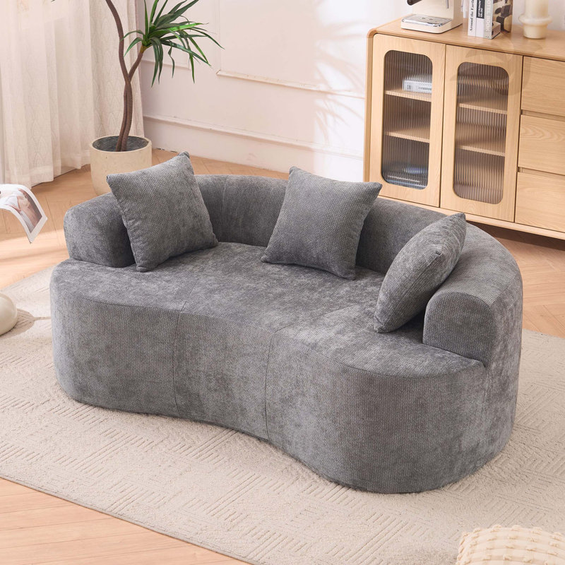 Canapé en forme de croissant, conception moderne à dossier bas avec coussins profonds, comprenant un canapé à trois places rempli de mousse qui ne nécessite aucun assemblage (tissu chenille gris)