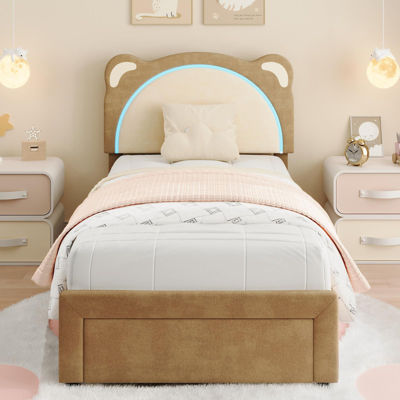 Cadre de lit simple pour enfant avec tête de lit réglable, tiroir et lumières DEL, support de lattes en bois, aucun sommier nécessaire