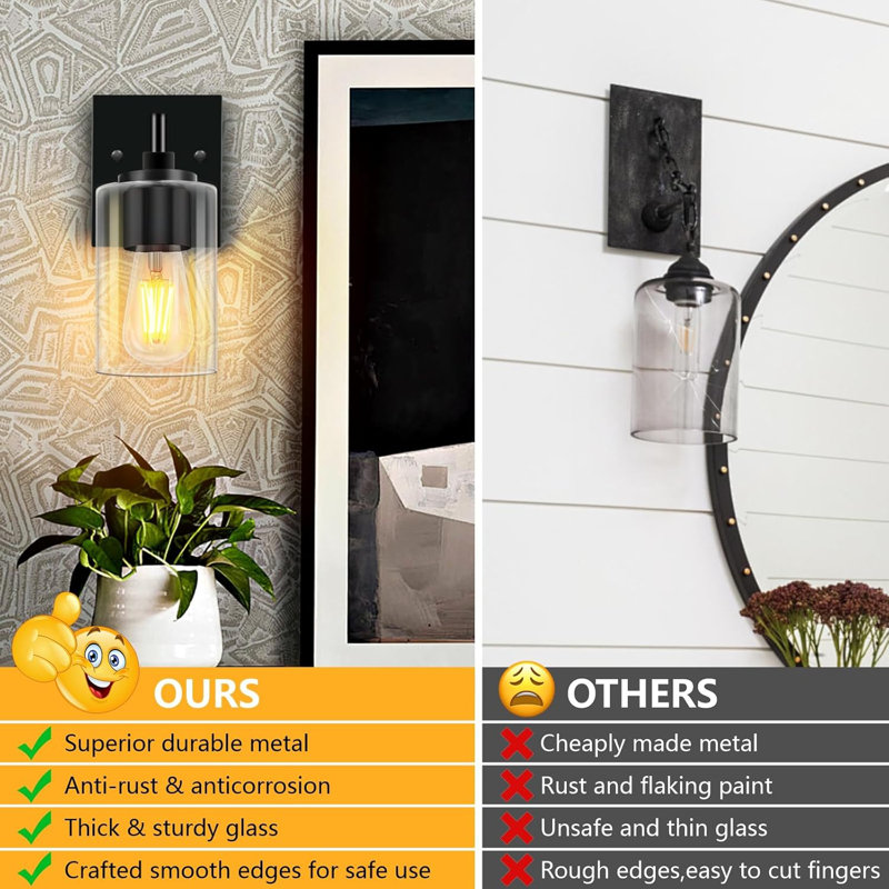 Luminaire de meuble-lavabo industriel noir mat avec abat-jour en verre transparent pour éclairage de miroir de salle de bain