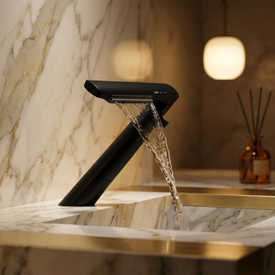 Single Hole Bathroom Sink Faucet Designer Waterfall Faucet with Angled Body and Side Handle