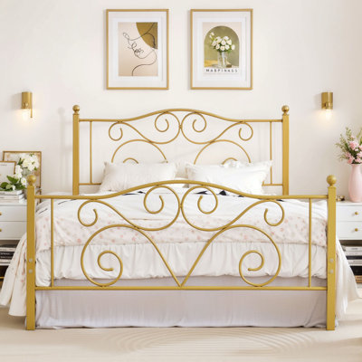 Structure de grand lit, lit plateforme en métal avec tête et pied de lit de style parisien, support de lattes robuste, rangement sous le lit, aucun sommier tapissier requis