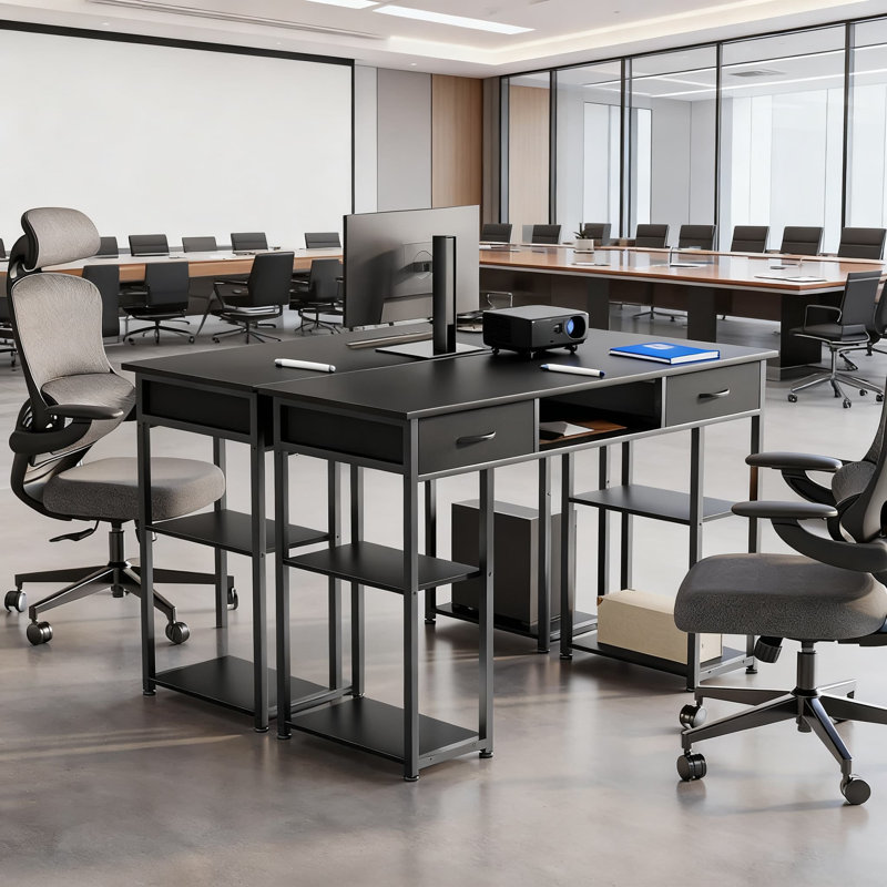 Bureau d'ordinateur pour ordinateur avec tiroirs et tablettes de rangement - Table ergonomique pour PC de 48 pouces avec structure en métal et pieds réglables pour le bureau personnel