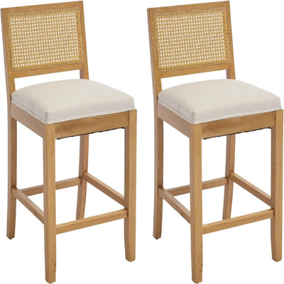 Rattan Linen Upholstered Counter Stool With Solid Wood Frame (Set Of 2)