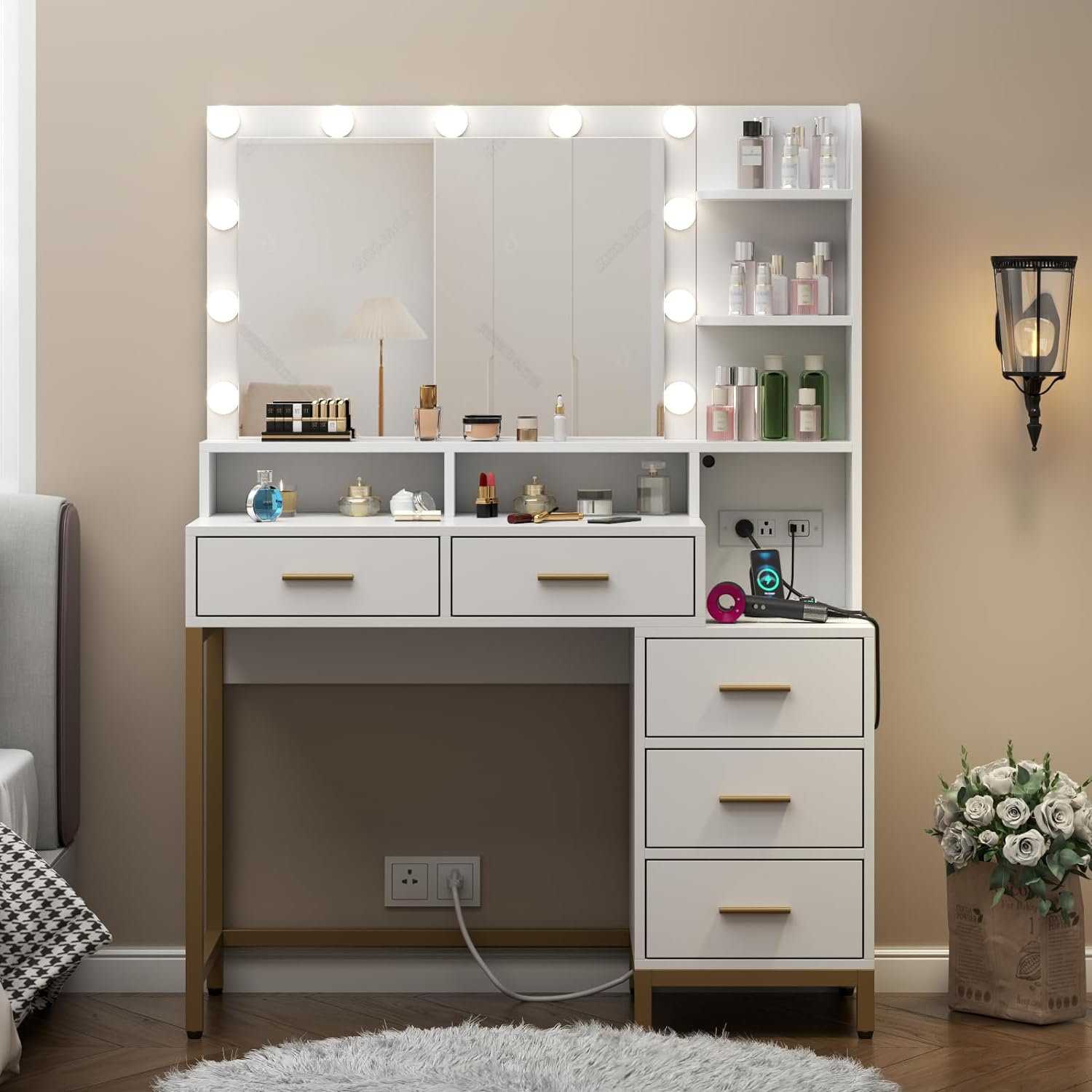 Loomie Vanity Desk with Lighted Mirror & Power Outlet, Makeup Table ...