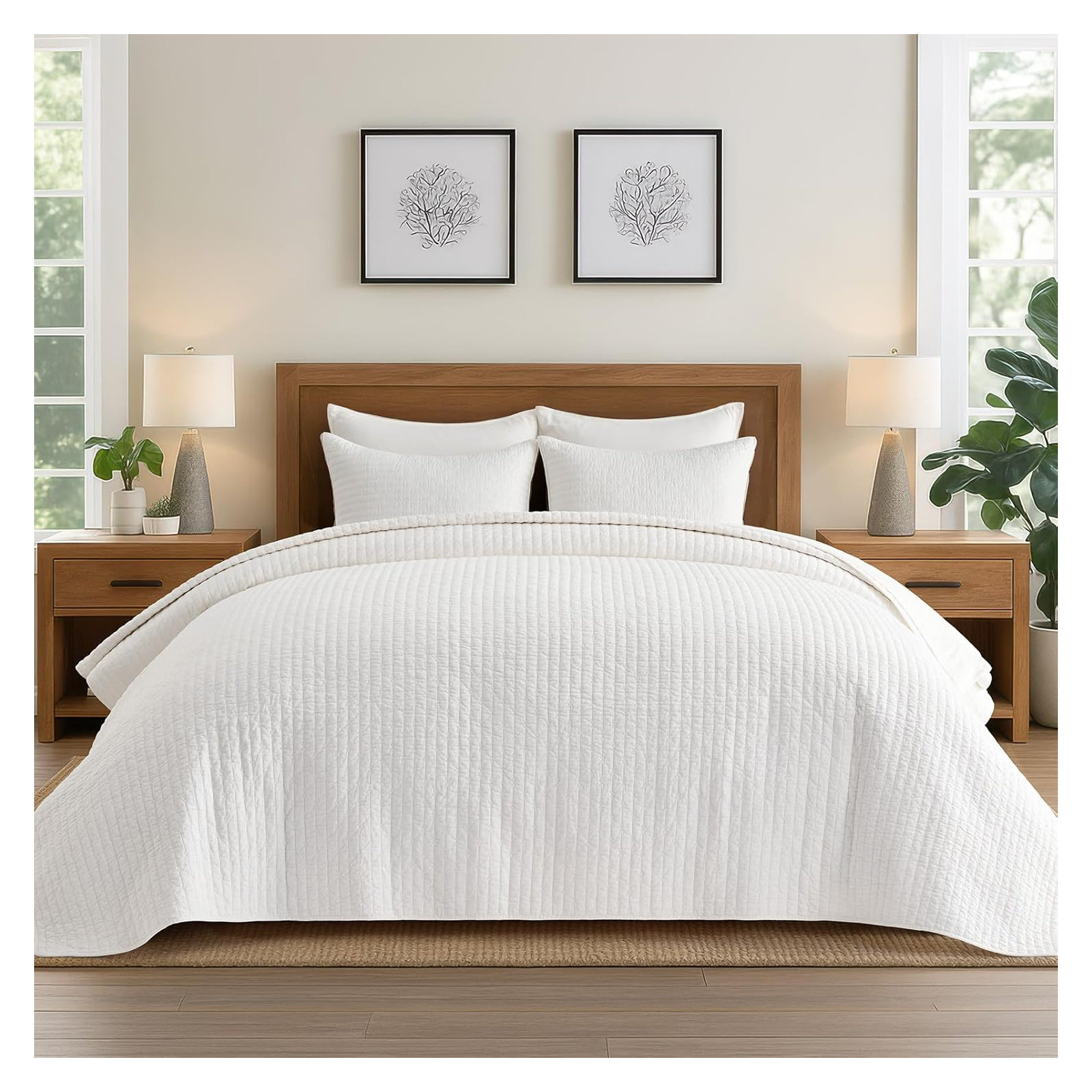 Cross Stitch Cotton Quilt set, Bright White, Oversized CalKing Quilt+2Oversized Cal King Shams