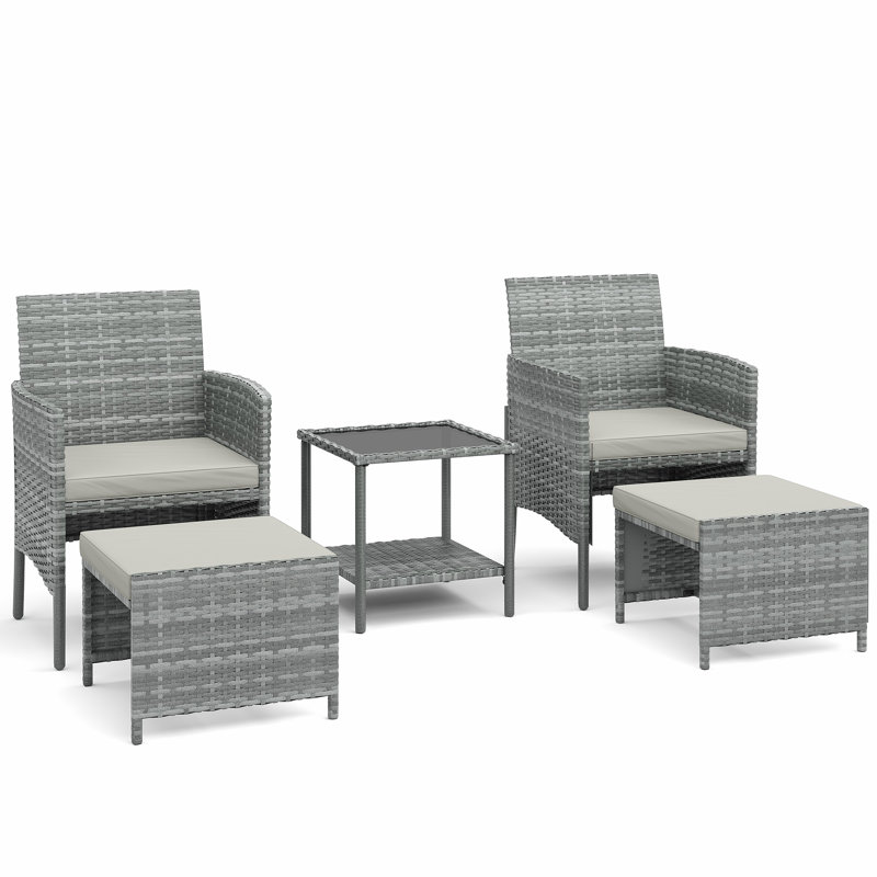 Ensemble de conversation pour 2 personnes en osier avec repose-pieds et table basse, Osier gris, Crème