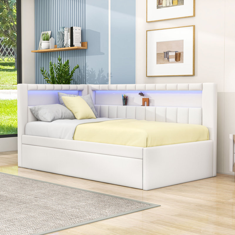 Tynise Twin Upholstered Daybed with USB Ports, LED Lighting and Twin Trundle, White