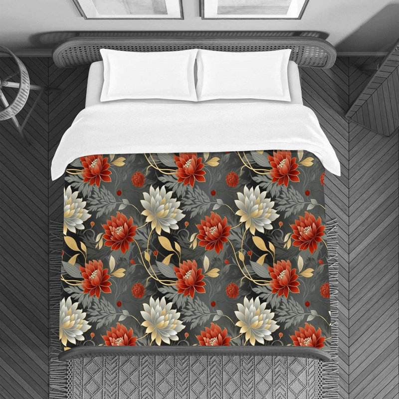 Housse de couette , Housse de couette pour grand lit, Motif floral gris / rouge