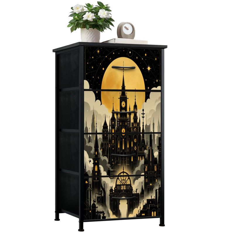Dresser for Bedroom with 4 Storage Drawers Gothic Cityscape Clock Tower Spiraling Architecture Dressers Chest of Drawers Steel Framed Fabric Closet Organizers for Dorm Entryway
