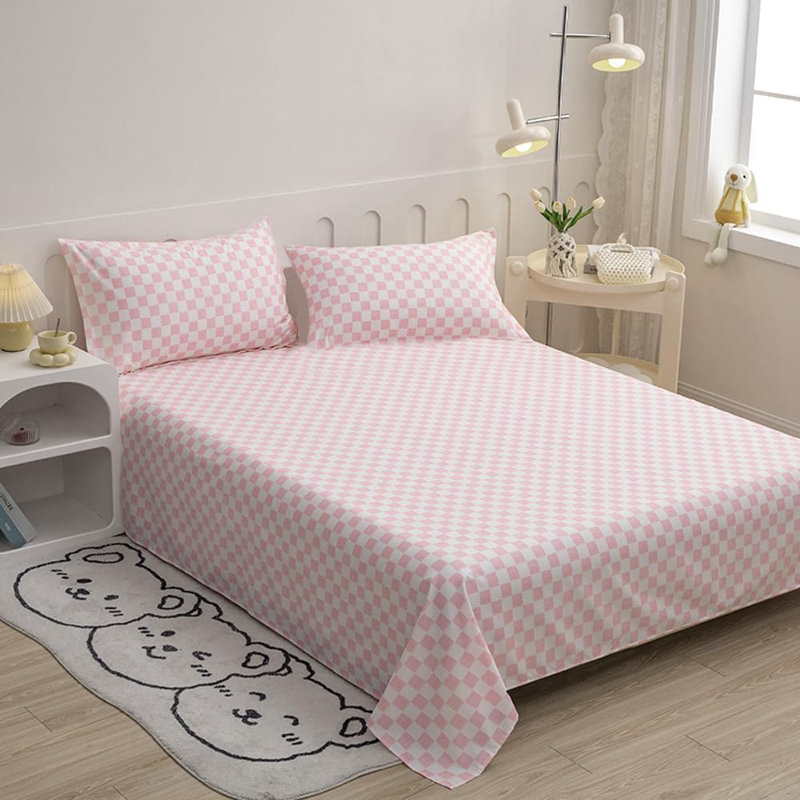 Grid Sheet Set 4 PCs Bedding Sheet Set 1 Fitted Sheet 1 Flat Sheet 2 Pillowcases, Pink Checkered