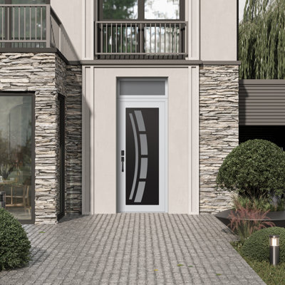 C12 droite 36 po X 96 po Panneau d'entrée en acier noir et blanc avec verre givré blanc et porte d'entrée avant en verre givré