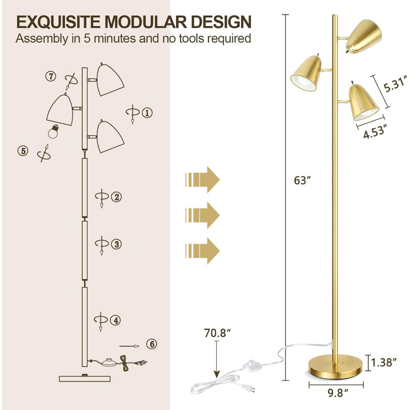 360° Adjustable 3-Light Floor Lamp With Heavy Base For Living Room, Bedroom & Office, Gold