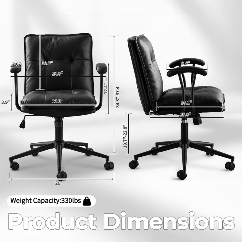 Tufted Button Double Layer Padding Faux Leather Swivel Office Chairb, Black