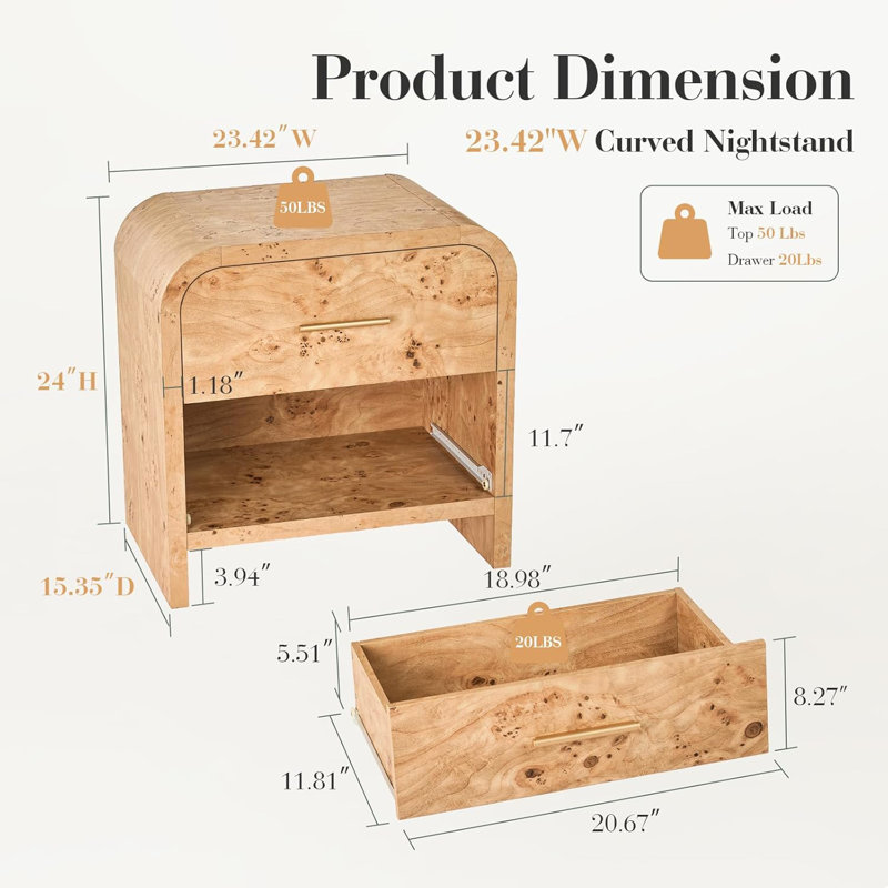 2-Drawer Nightstand - Extra Storage, Heavy-Duty Build Set Of 2, Light Burl
