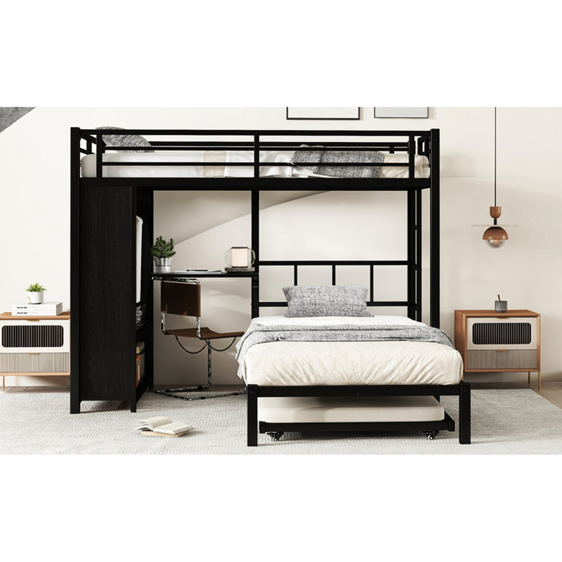 Lit superposé simple au-dessus de métal en noir avec une grande garde-robe encastrée, un lit gigogne coulissant, une surface de travail pliable et une structure de réduction du bruit, idéale pour les pièces multiples.