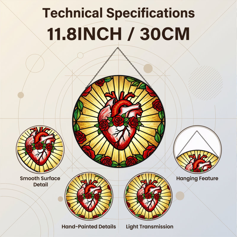 Panneau de vitrail 12 "H Heart Roses, H 12 po x l 12 po