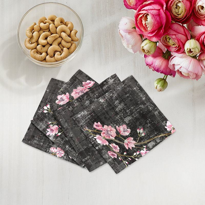 Blossom Fantasia Cotton Sateen Cocktail Napkins, Black Pink
