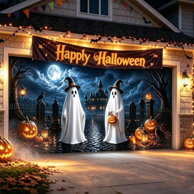 Décoration de porte de garage d'Halloween avec fantôme, 4,88 m x 2,13 m