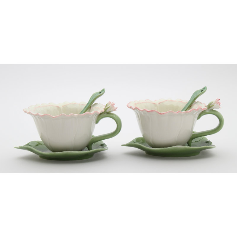 White and Green Ceramic Flower Cup and Saucer Set with Spoon