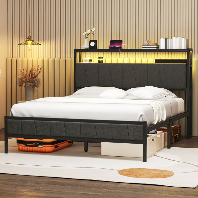 Storage Upholstered Platform Bed with LED Lighting Included and Built In USB Port, Queen