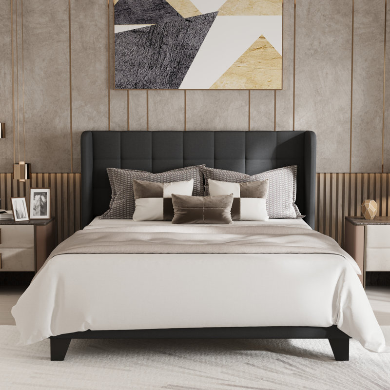 Upholstered Bed with Square Tufting and Wingback, Full, Dark Grey