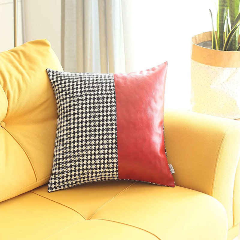 Houndstooth Divided Red Faux Leather Square Throw Pillow