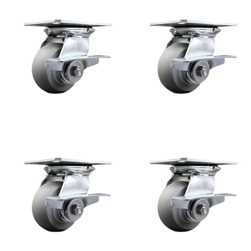 4 Inch Heavy Duty Thermoplastic Caster Set with Roller Bearings and Brakes SCC